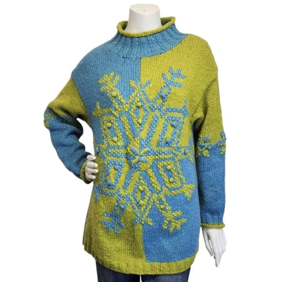 Vtg 90s Express Tricot Womens Oversized S 100% Wool Snowflake Apres Ski Sweater - Picture 1 of 8